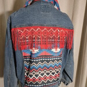 Fringy Shimmy Shake And Roll (22) Women's Denim Jacket with Red Fringe and